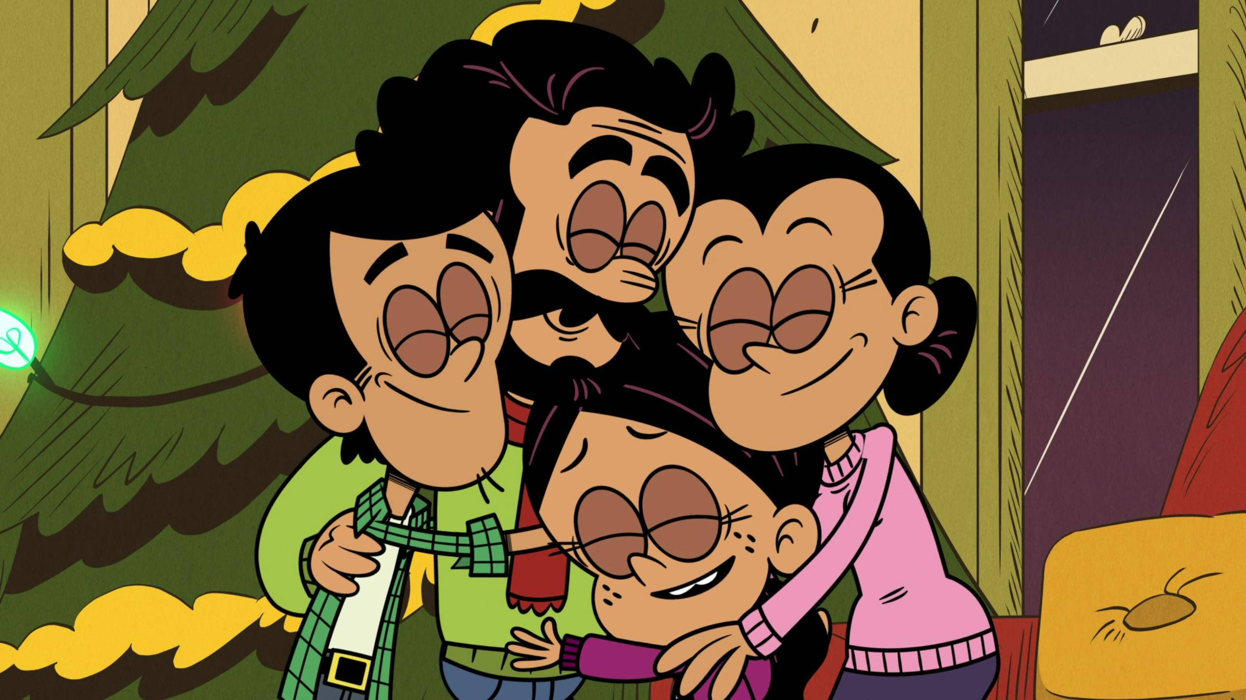 The Casagrandes 桌布 壁紙 — 一個四口卡通家庭在裝飾著溫暖燈光的聖誕樹前緊緊擁抱。