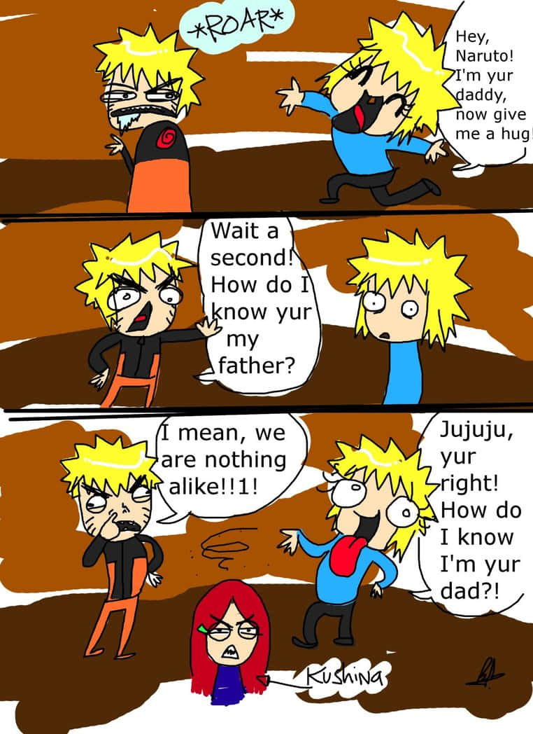 Funny Naruto 桌布 壁紙 — 一個四格動漫漫畫顯示年輕的鳴人被一個開朗的金髮男子擁抱，該男子聲稱是他的父親，而鳴人質疑他們的相似之處，玖辛奈則惱怒地看著。