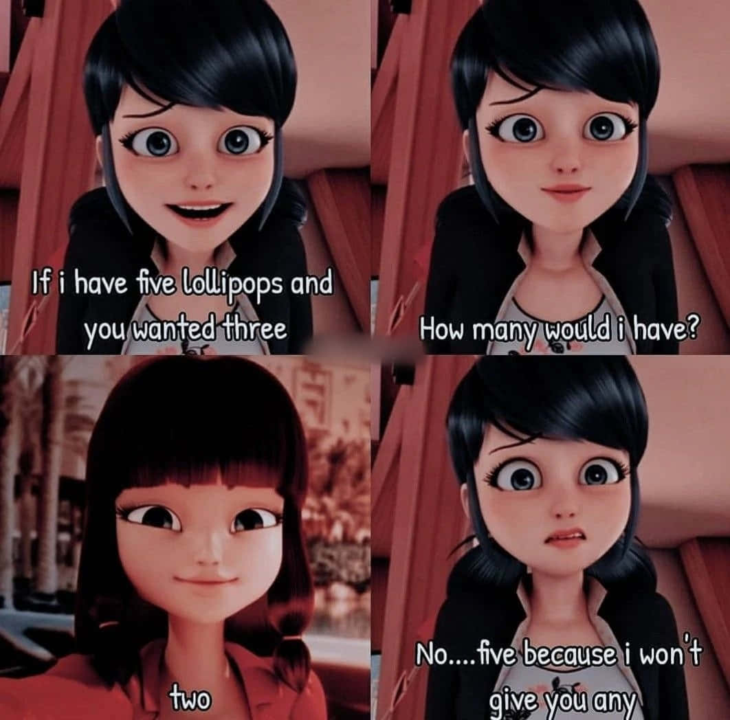 Funny Miraculous 桌布 壁紙 — 一個四格漫畫，描繪一個黑髮大眼女孩對棒棒糖數學笑話表現出驚訝和挑釁的反應。