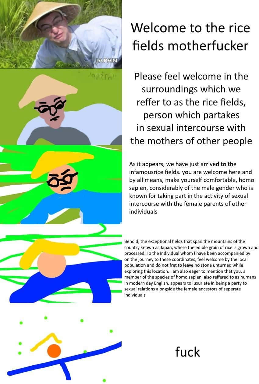 Memes 桌布 壁紙 — 一個四格漫畫，有一個戴草帽和眼鏡的男人，從照片過渡到卡通風格，帶有關於稻田和性內容的粗俗文字。
