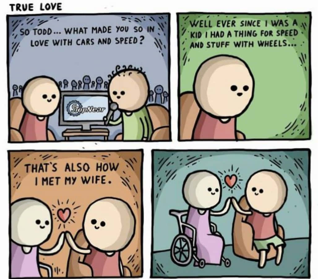 Dark Humor 桌布 壁紙 — 一個四格漫畫，用簡單的卡通人物解釋對速度的熱愛如何導致在使用輪椅時遇到妻子。