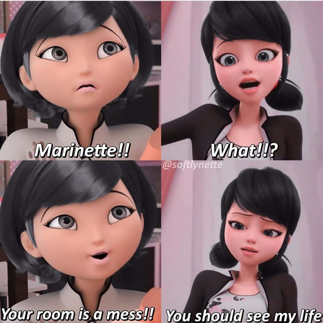 Funny Miraculous Ladybug 桌布 壁紙 — 一個四格漫畫，顯示來自 Miraculous 的瑪麗娜對有人說她的房間亂七八糟感到震驚和難以置信。