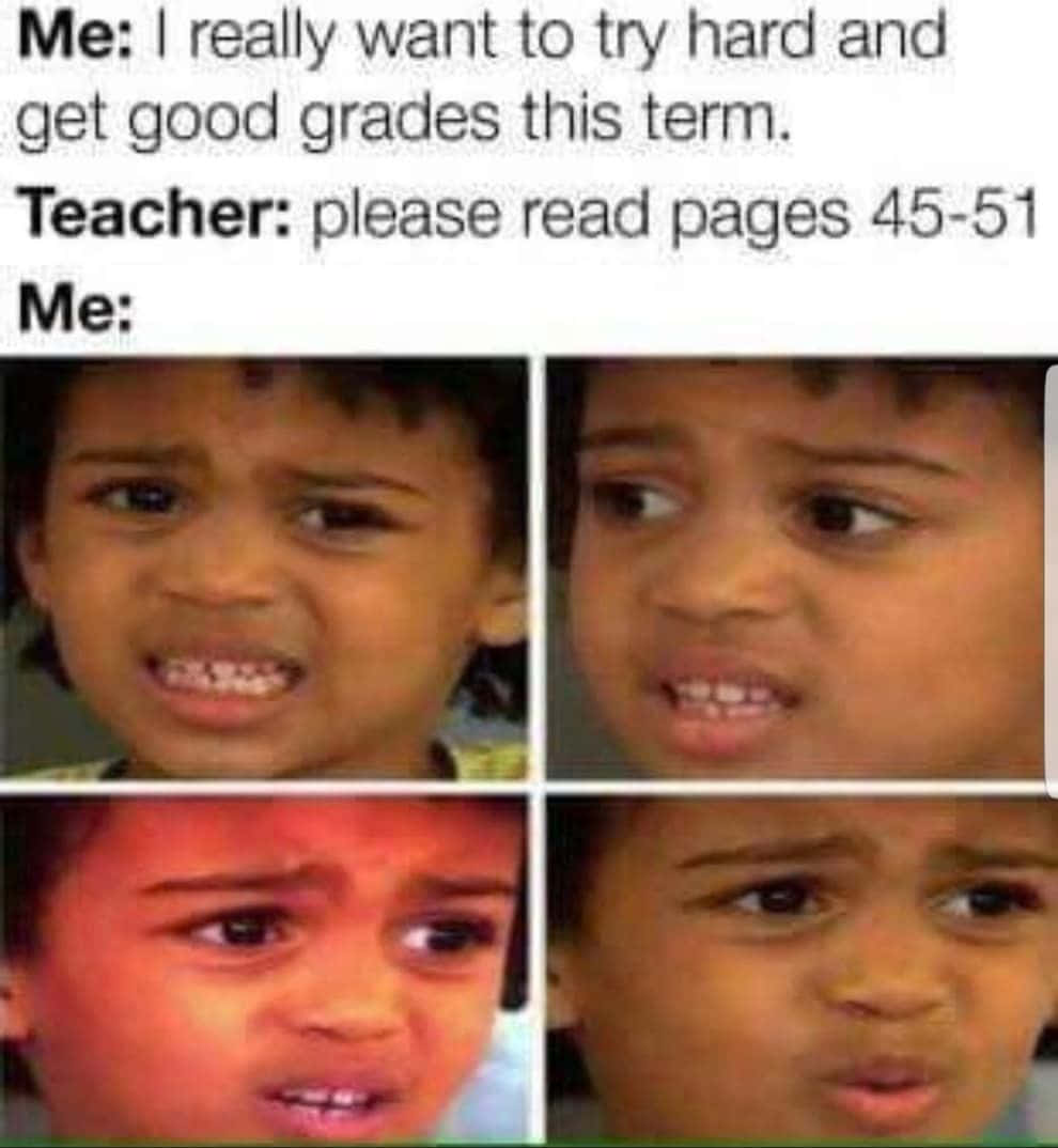 Educational Memes 桌布 壁紙 — 一個四格迷因，顯示孩子在被告知要閱讀特定教科書頁面後，沮喪情緒逐漸升級。