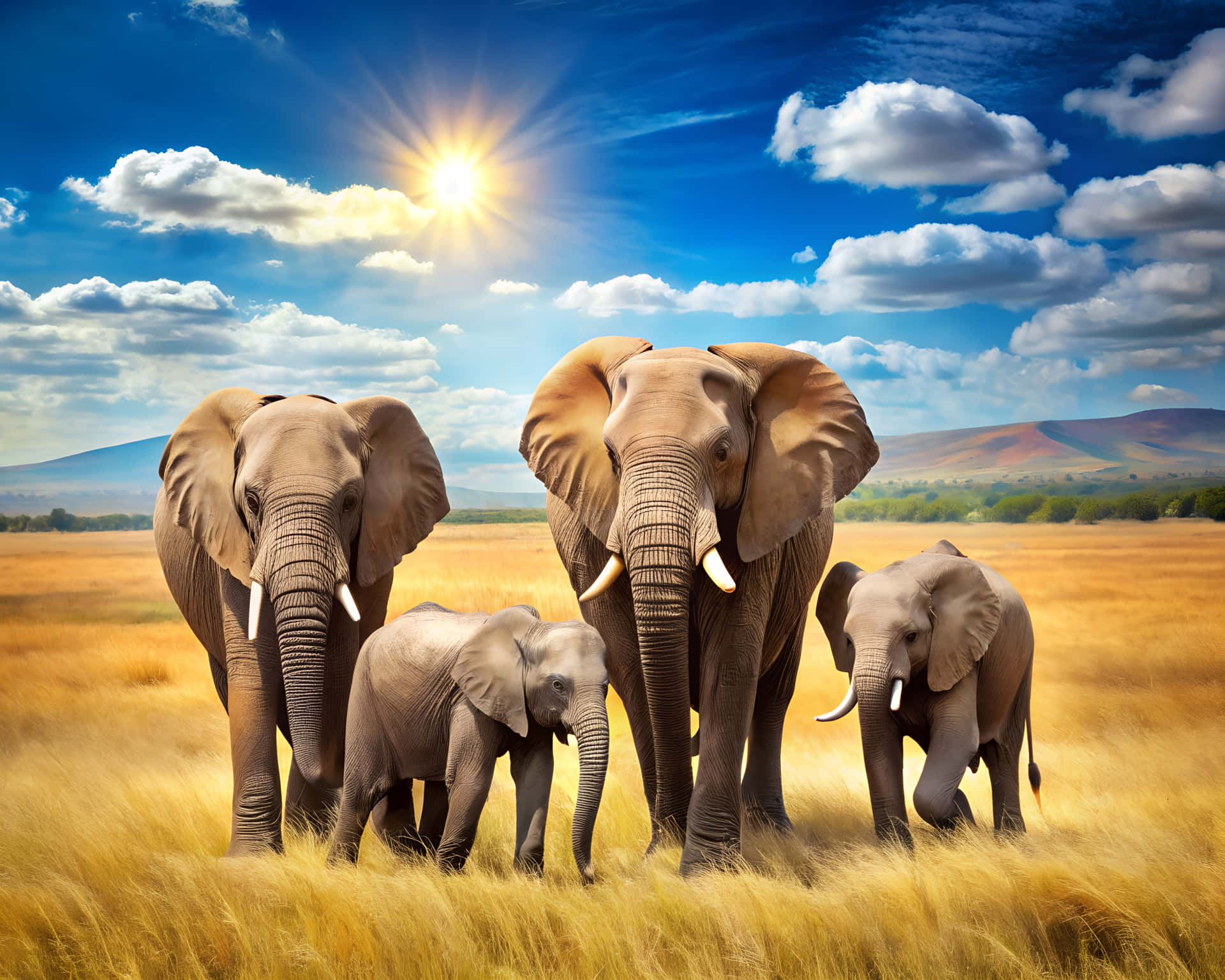 Elephants with landscape background 壁紙 — 一個四隻大象的家庭在明亮的陽光和蓬鬆的白雲下穿過高高的金色草地。