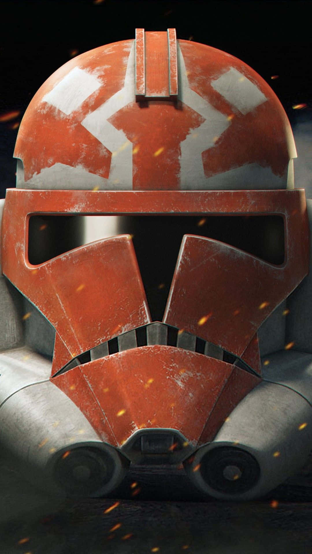 Star Wars Profile 桌布 壁紙 — 一個因戰鬥而磨損的橙色和白色複製人頭盔的特寫，周圍有火花飛舞。