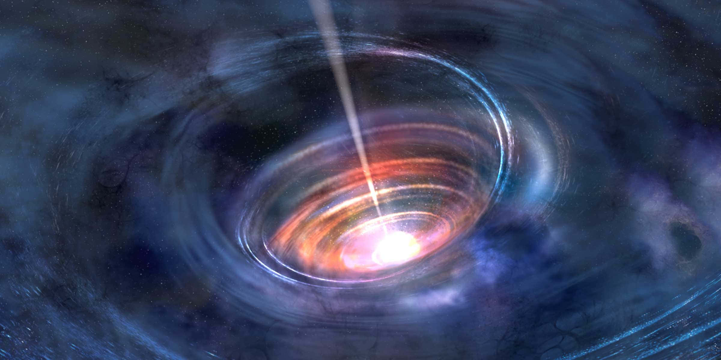 Black Hole Hubble Telescope 桌布 壁紙 — 一個圍繞明亮中心黑洞旋轉的宇宙吸積盤，向星雲發射出強大的光噴流。