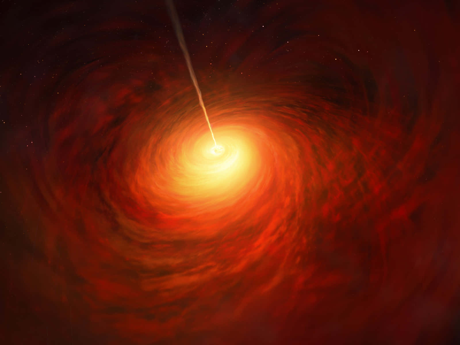 Fundamental 桌布 壁紙 — 一個圍繞黑洞旋轉的紅色和橙色吸積盤向黑暗的宇宙發射出明亮的光流。