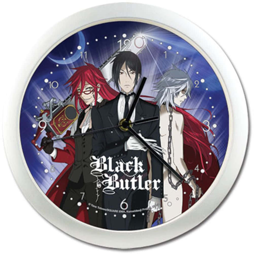 Black Butler Pluto 桌布 壁紙 — 一個圓形動漫時鐘，以星空夜空和彎月為背景，展示三個黑執事角色。