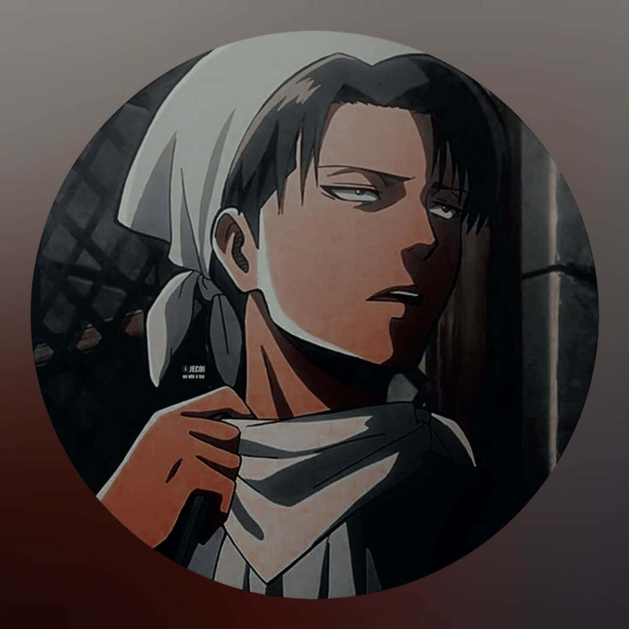 Aesthetic Anime Pfp 桌布 壁紙 — 一個圓形動漫肖像，一個嚴肅的男人戴著白色頭巾，在深色網格背景前調整他的圍巾。
