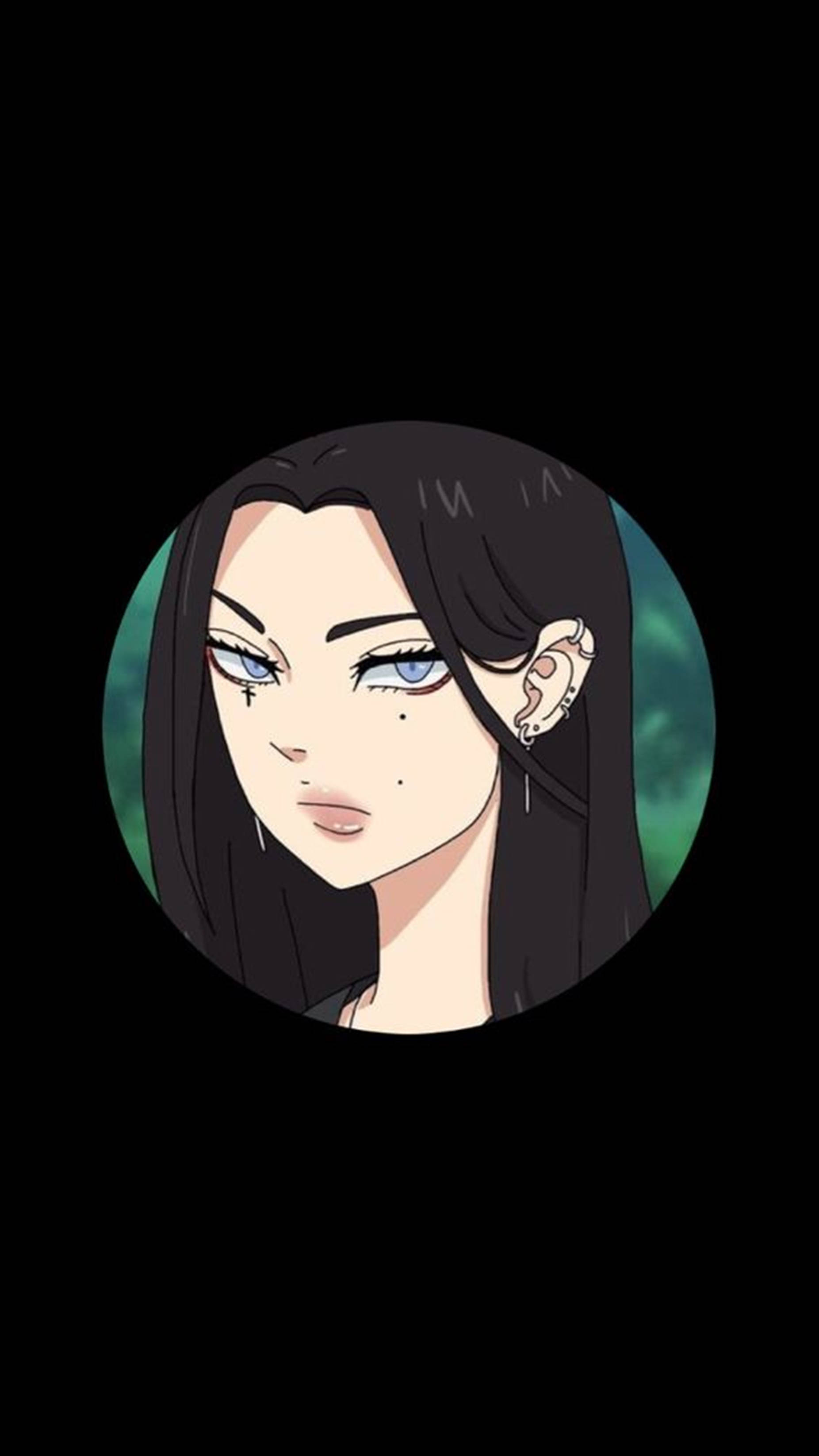 動漫女孩 桌布 壁紙 — 一個圓形動漫肖像，描繪一位長黑髮、藍眼睛的女性，背景為深色。
