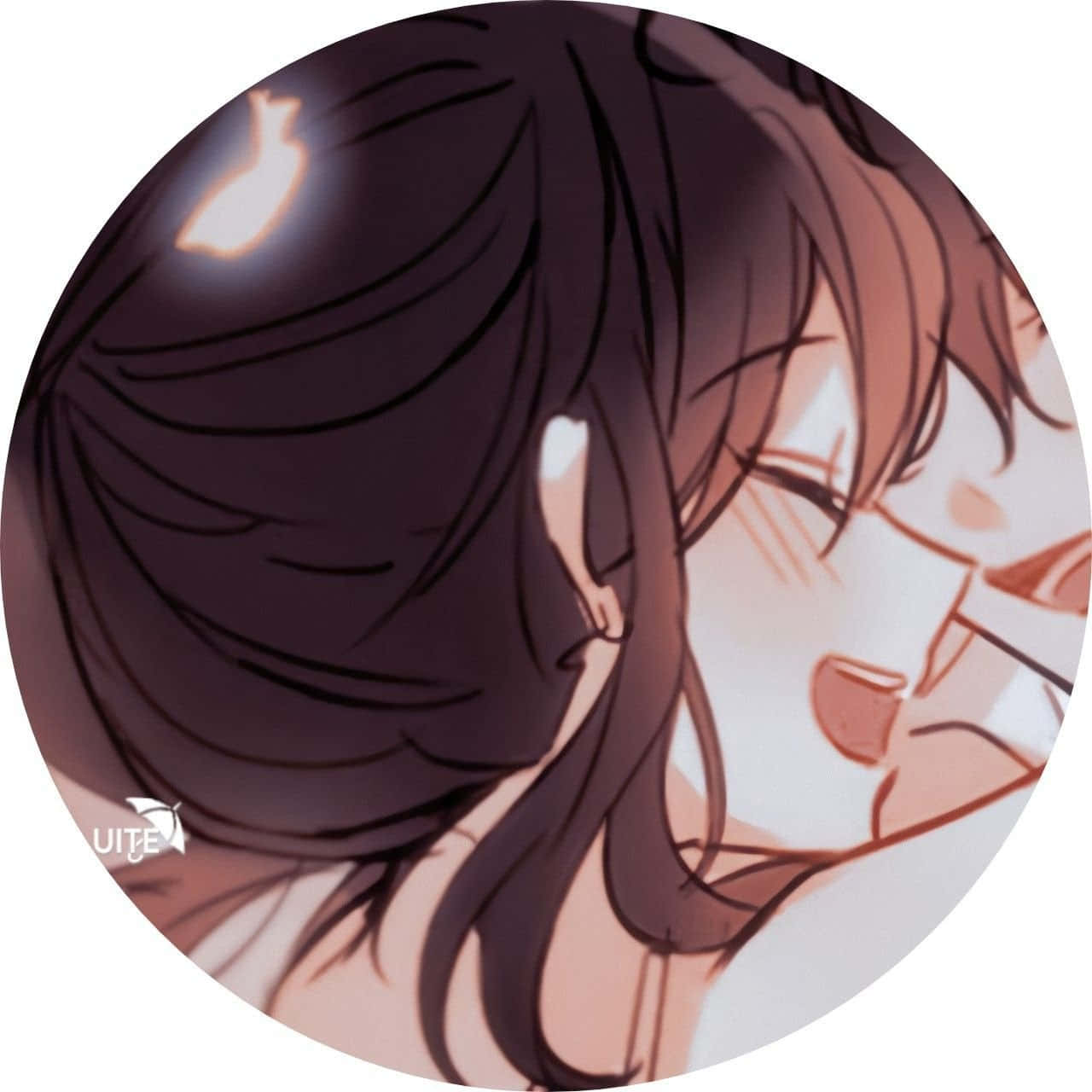 Aesthetic Anime Pfp 桌布 壁紙 — 一個圓形動漫風格肖像，描繪一位微笑的深色頭髮女孩，帶有溫暖的腮紅色調。