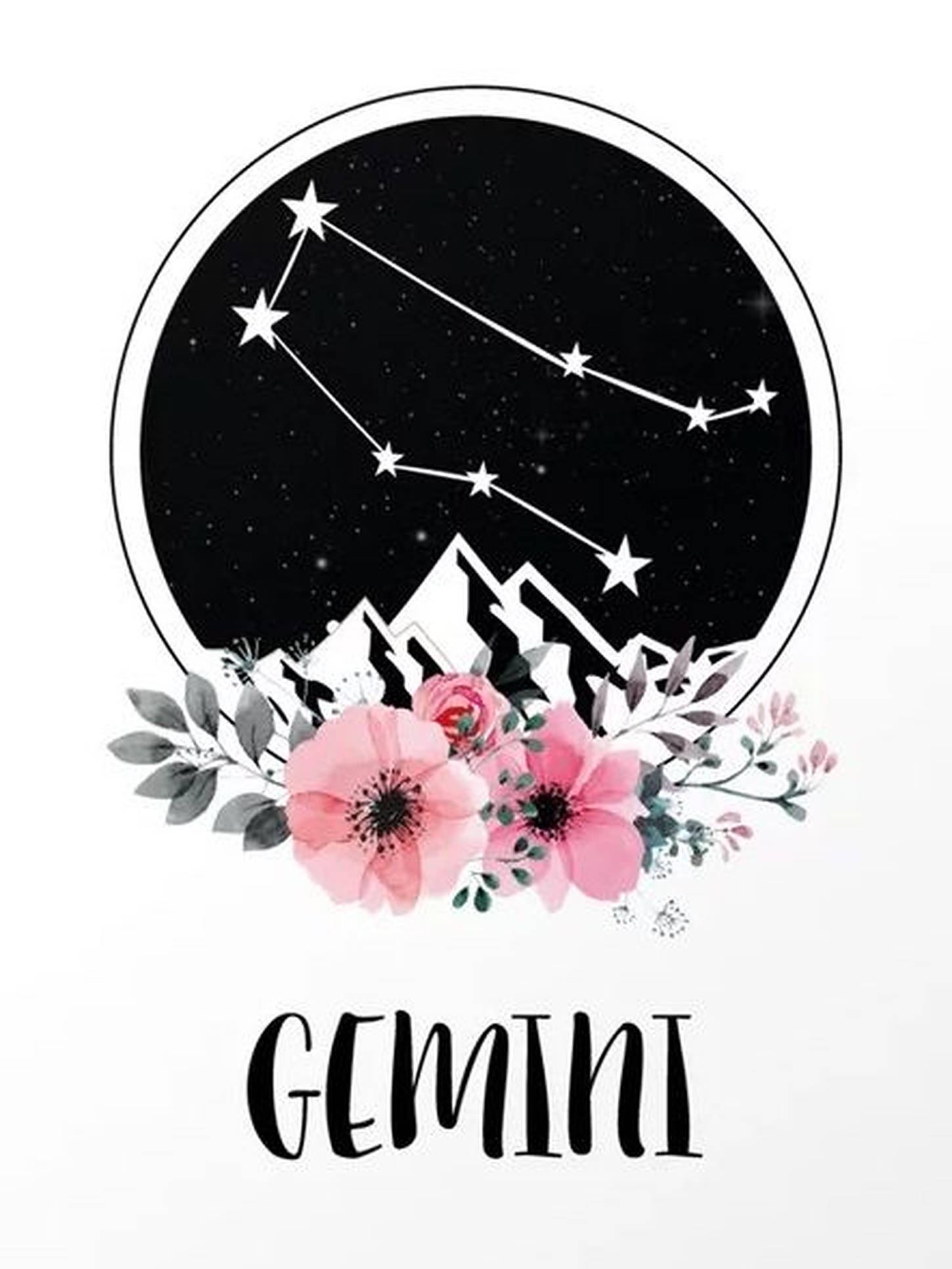 gemini 桌布 壁紙 — 一個圓形占星插圖，描繪雙子座位於雪山和粉紅色花朵之上。