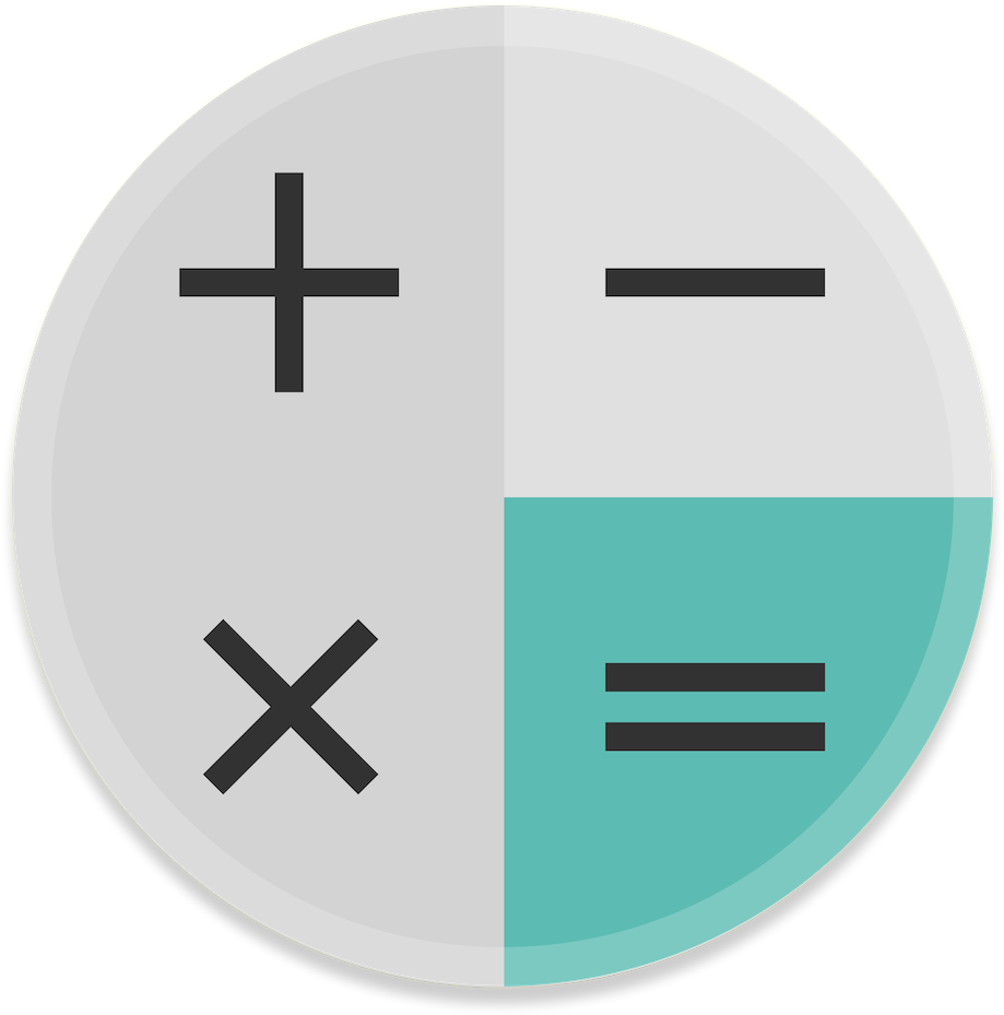 Calculator Icon 桌布 壁紙 — 一個圓形圖示分為四個象限，在黑色背景上顯示基本數學符號加減乘等於。