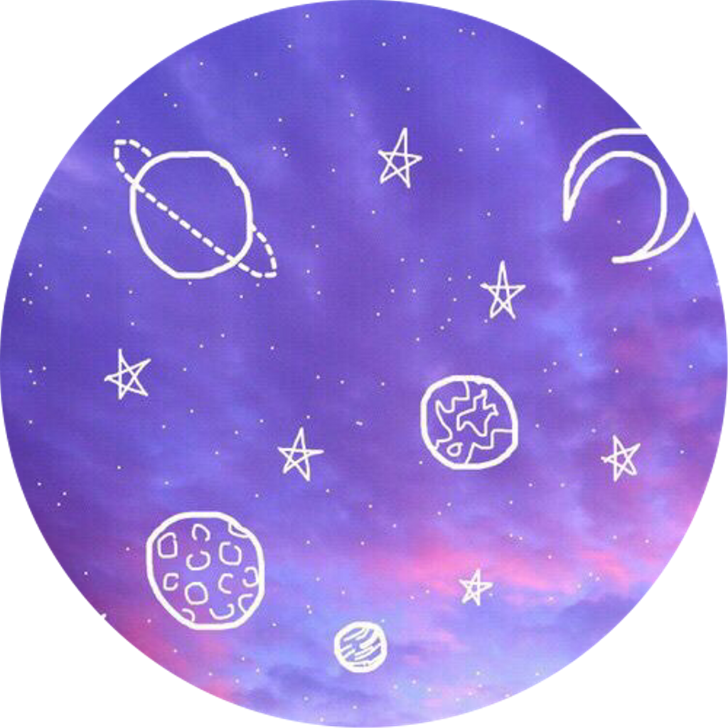 Circle 桌布 壁紙 — 一個圓形宇宙場景，有白色輪廓的行星、星星和彎月，背景是紫粉色的星雲。