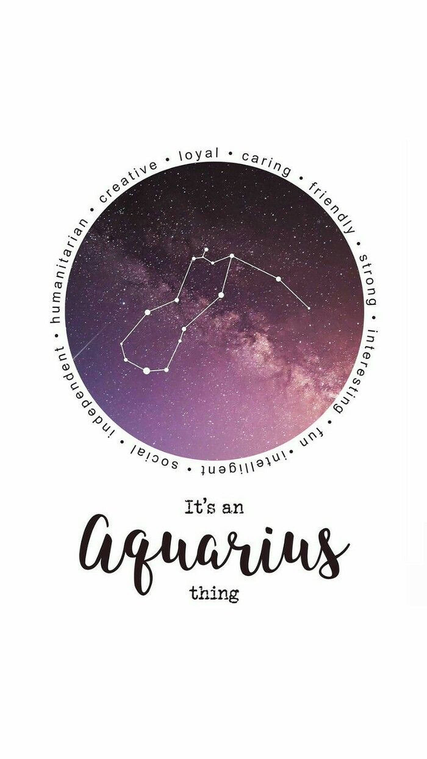 aquarius 桌布 壁紙 — 一個圓形宇宙設計，以紫色星空為背景，水瓶座星座環繞其中，周圍環繞著性格特質。