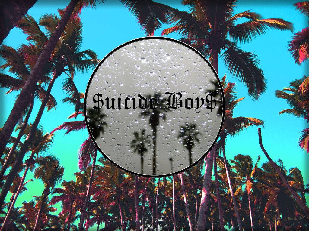 suicideboys 桌布 壁紙 — 一個圓形帶雨點的窗框，襯托著鮮豔的藍綠色天空和剪影棕櫚樹，框內有「Suicide Boy」文字。