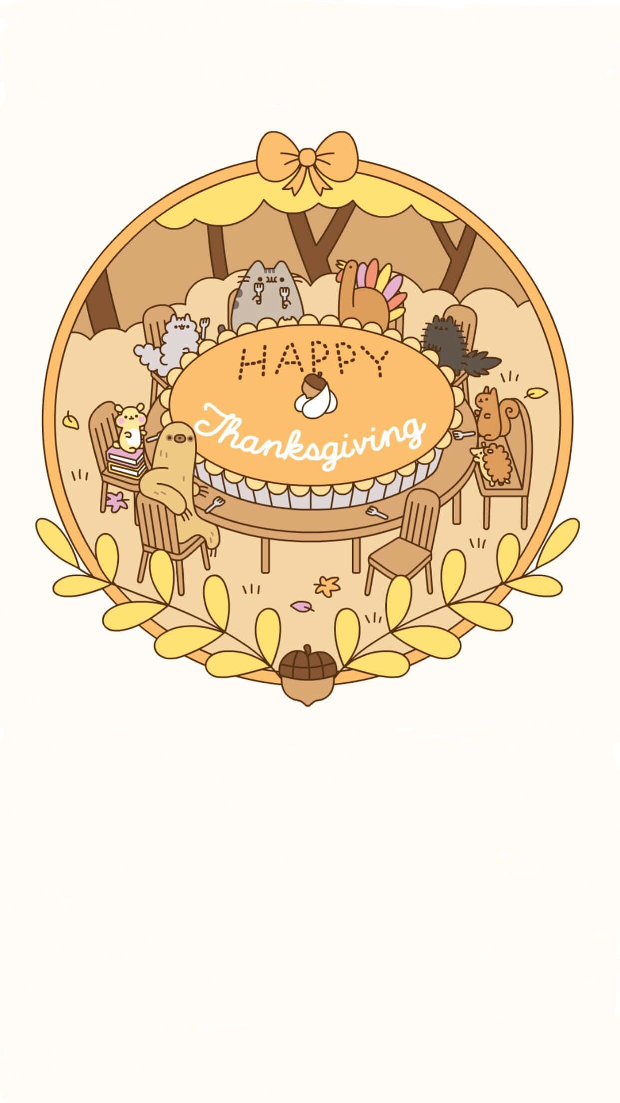 Thanksgiving Desktop 桌布 壁紙 — 一個圓形插圖，描繪卡通動物圍繞著感恩節餐桌，桌上擺放著火雞作為中心裝飾和秋葉。