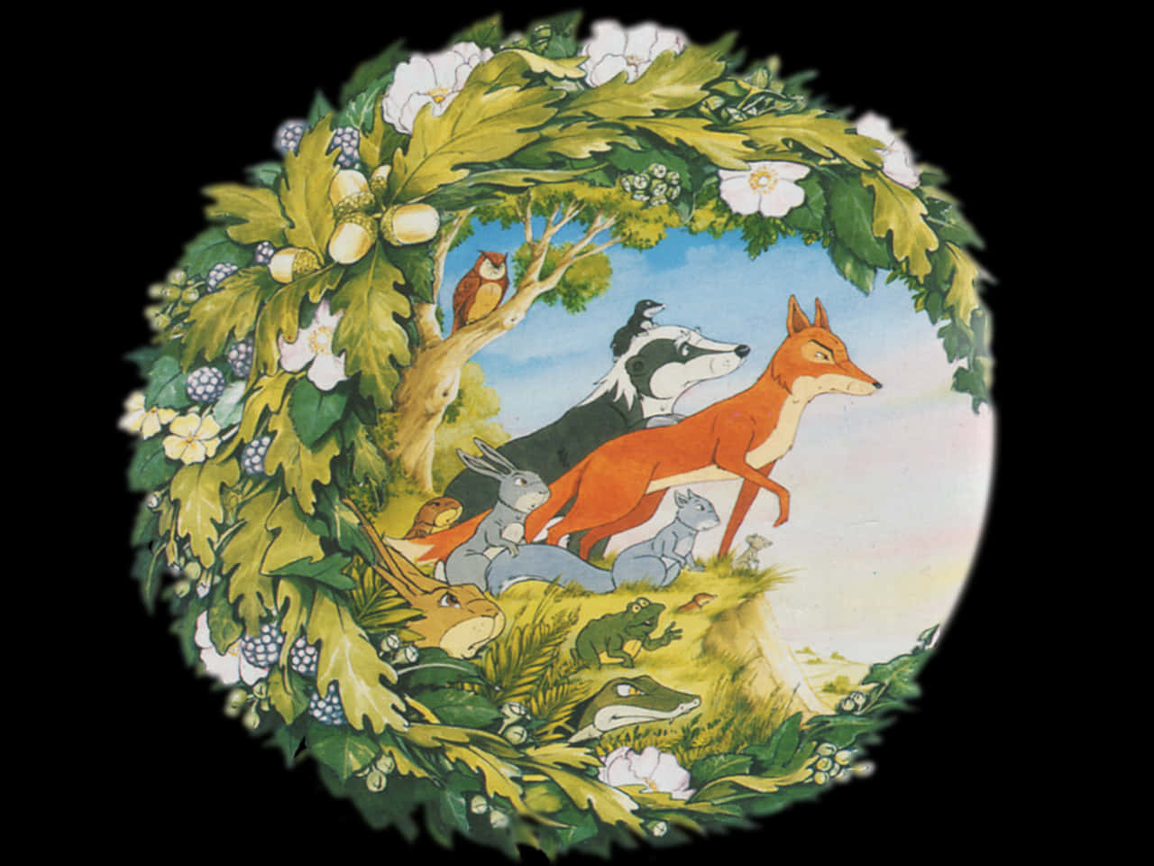 animals 桌布 壁紙 — 一個圓形插圖，由綠色樹葉和白色花朵框住，展示了一隻狐狸、獾、兔子和其他林地動物在陽光明媚的森林場景中。