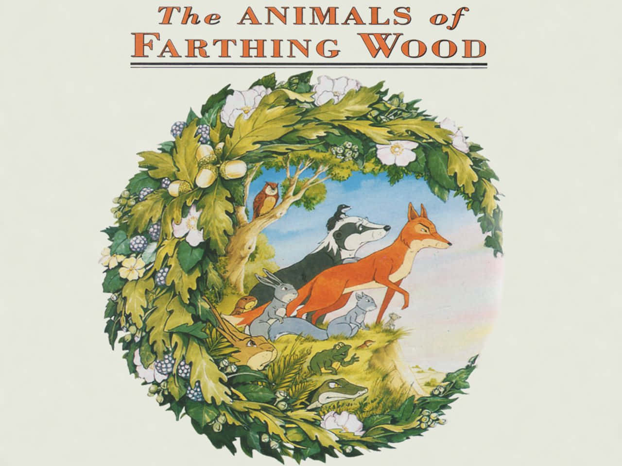 animals 桌布 壁紙 — 一個圓形插圖，由綠葉和白色花朵框住，展示了狐狸、獾、兔子和其他林地動物在陽光明媚的森林場景中。
