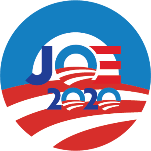 喬·拜登 桌布 壁紙 — 一個圓形政治競選標誌，藍色「JOE」和「2020」文字位於紅色白色條紋上，背景為藍色。