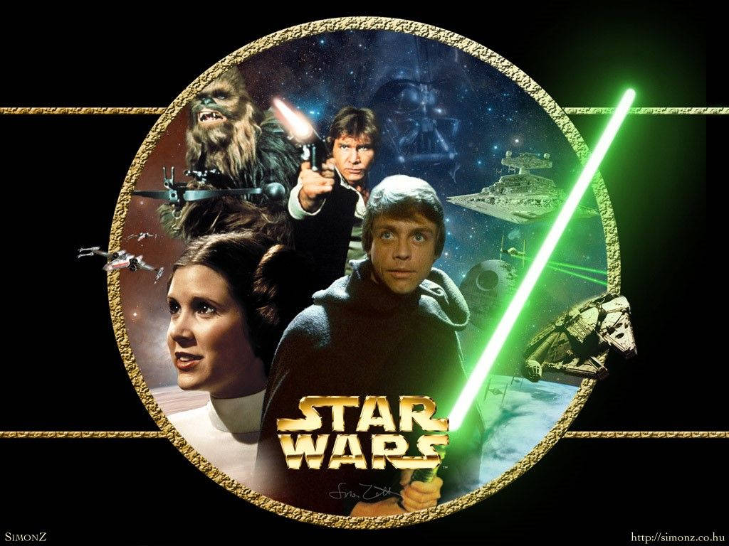 Star Wars Characters 桌布 壁紙 — 一個圓形星際大戰拼貼畫， featuring Luke、Leia、Han 和 Chewbacca，配有光劍、星艦和黑武士，背景為宇宙。