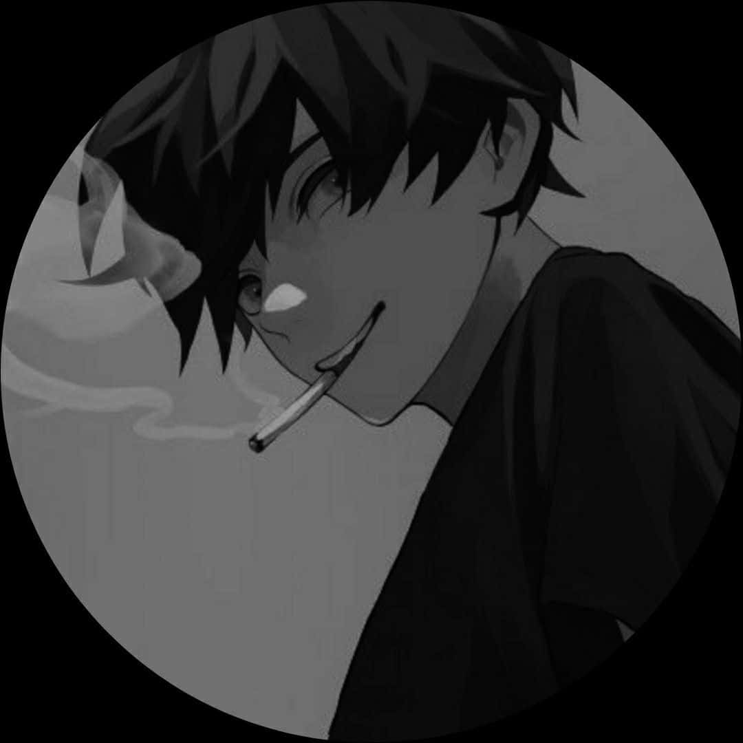 Discord Anime Pfp 桌布 壁紙 — 一個圓形框架內，一個頭髮尖刺的年輕男子正在抽煙的單色動漫肖像。