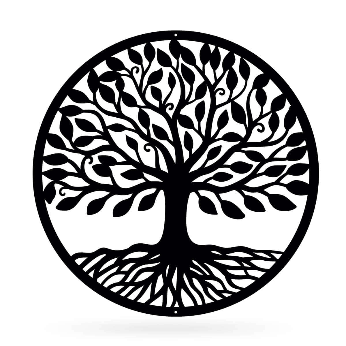 Tree Of Life 桌布 壁紙 — 一個圓形框架內，帶有複雜枝葉和根部的風格化生命之樹的黑色金屬鏤空剪影。