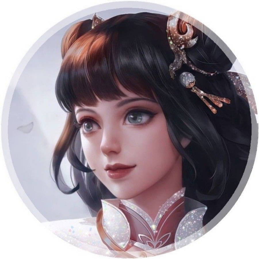 Guinevere 桌布 壁紙 — 一個圓形框架內，深色頭髮、閃閃發光的配飾的動漫風格女孩的特寫肖像。