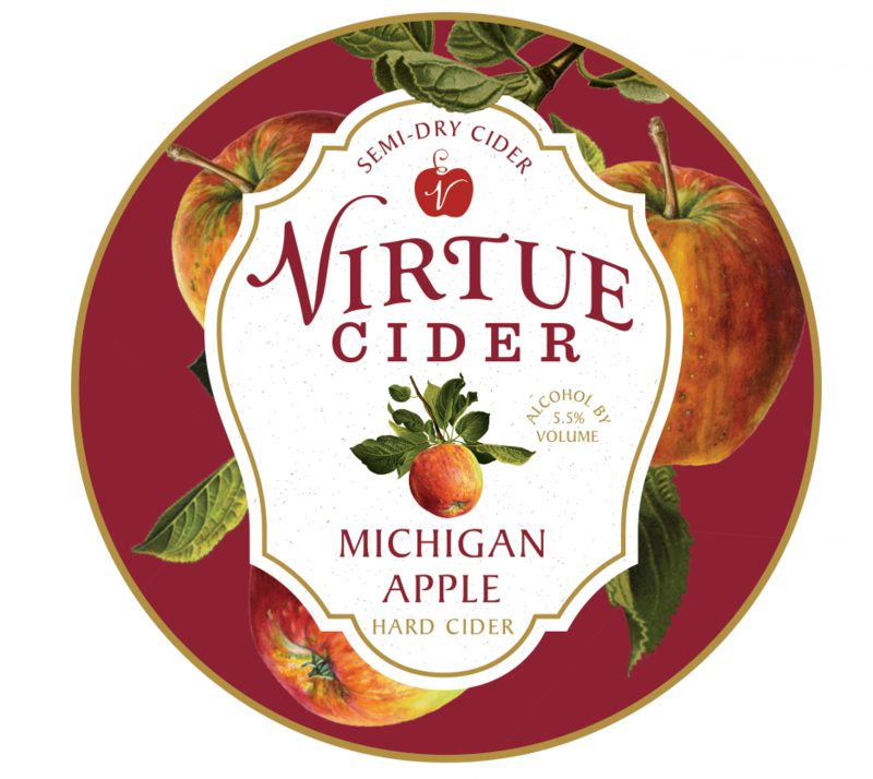 Apple Cider 桌布 壁紙 — 一個圓形標籤，用於Virtue Cider，帶有紅蘋果、綠葉和優雅字體，背景為深棗紅色。