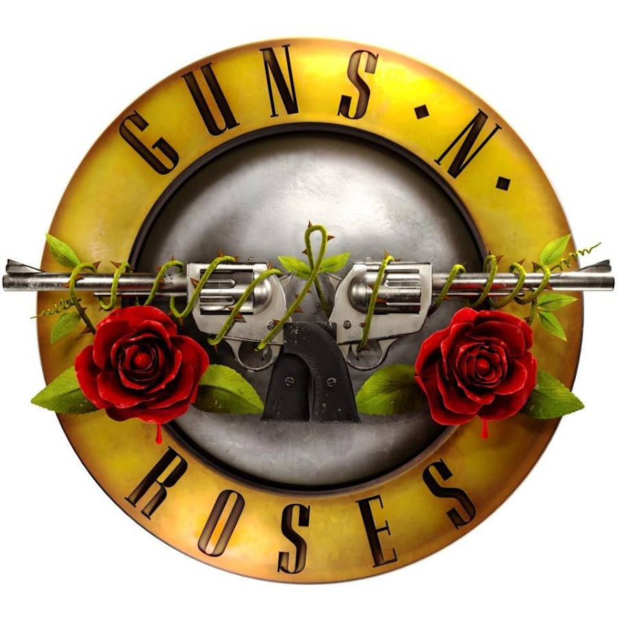 Roses 桌布 壁紙 — 一個圓形標誌，兩支銀色左輪手槍被帶刺的藤蔓和紅玫瑰交叉，黃色背景上有黑色文字寫著 Guns N Roses。