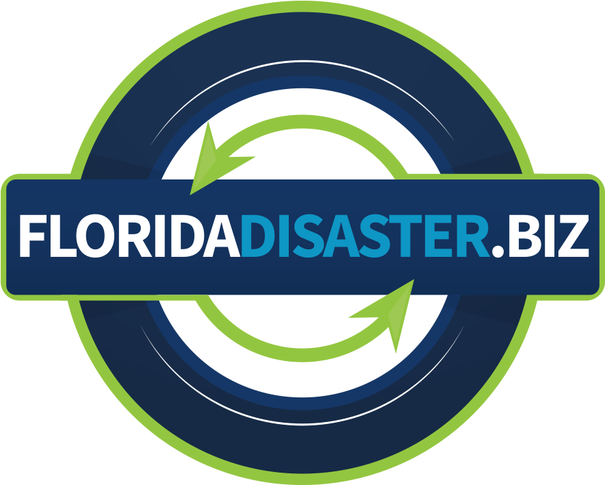 颶風 桌布 壁紙 — 一個圓形標誌，帶有綠色箭頭和文字 FloridaDisaster.biz，背景為深藍色。