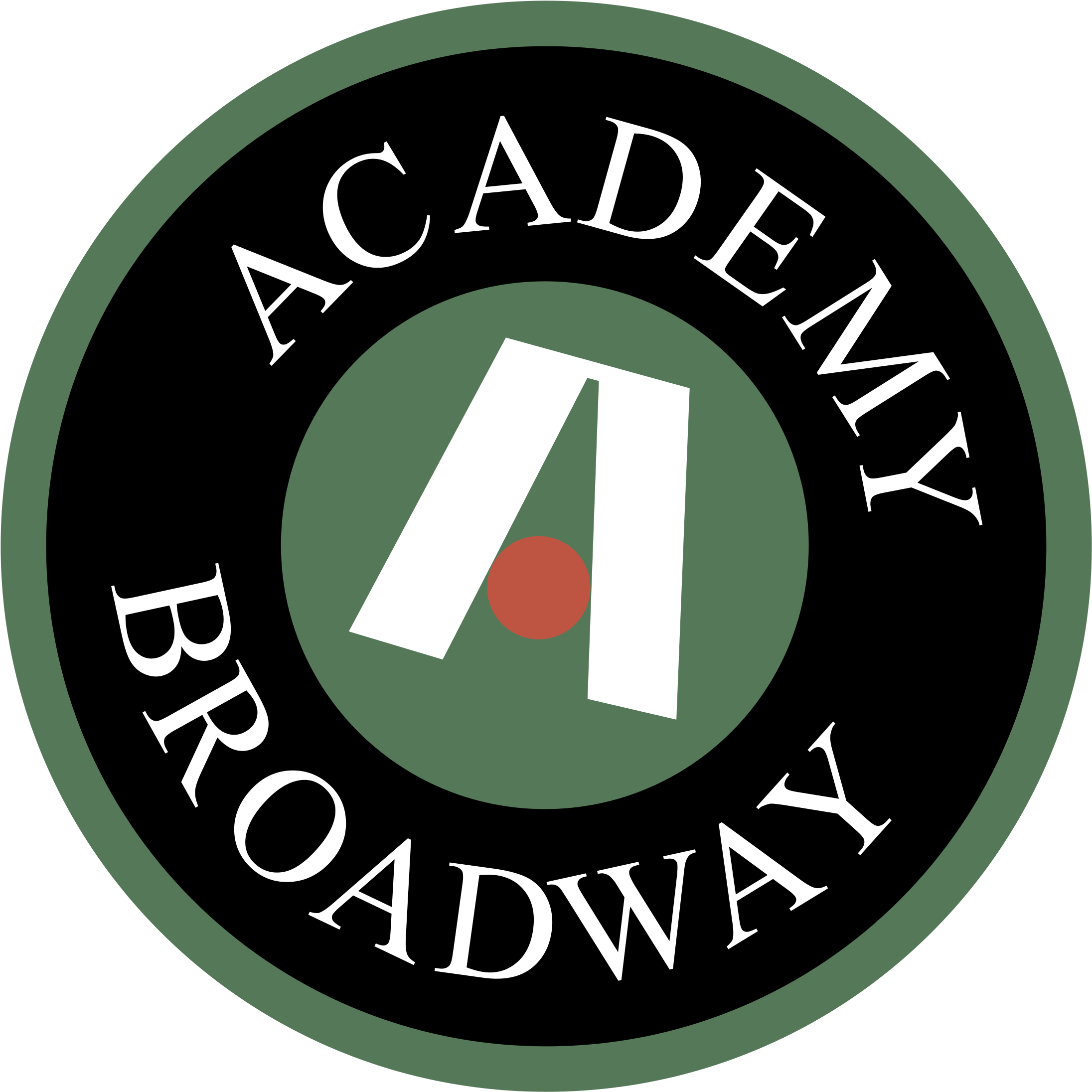 Logo Design 桌布 壁紙 — 一個圓形標誌，綠色圓圈周圍有白色字體的「ACADEMY BROADWAY」，圓圈內包含一個白色風格化的「A」和一個紅點。