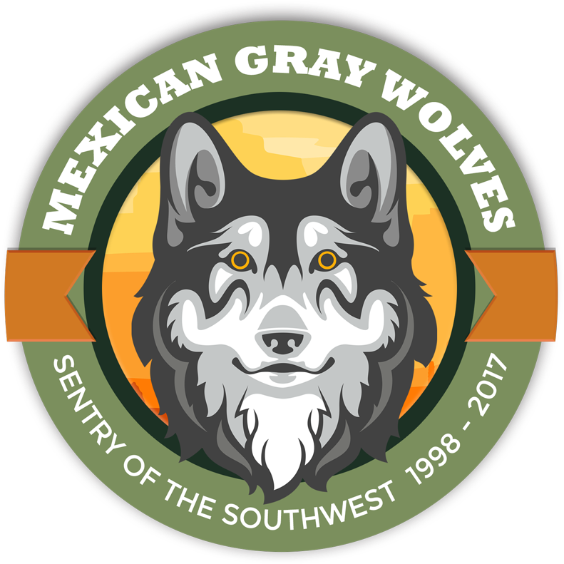 wolves 桌布 壁紙 — 一個圓形標誌中的風格化墨西哥灰狼頭部，帶有文字和橙色絲帶點綴。