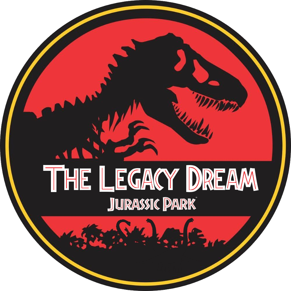 Logo 桌布 壁紙 — 一個圓形標誌以紅色背景上的黑色暴龍剪影為特色，並帶有文字 The Legacy Dream Jurassic Park。