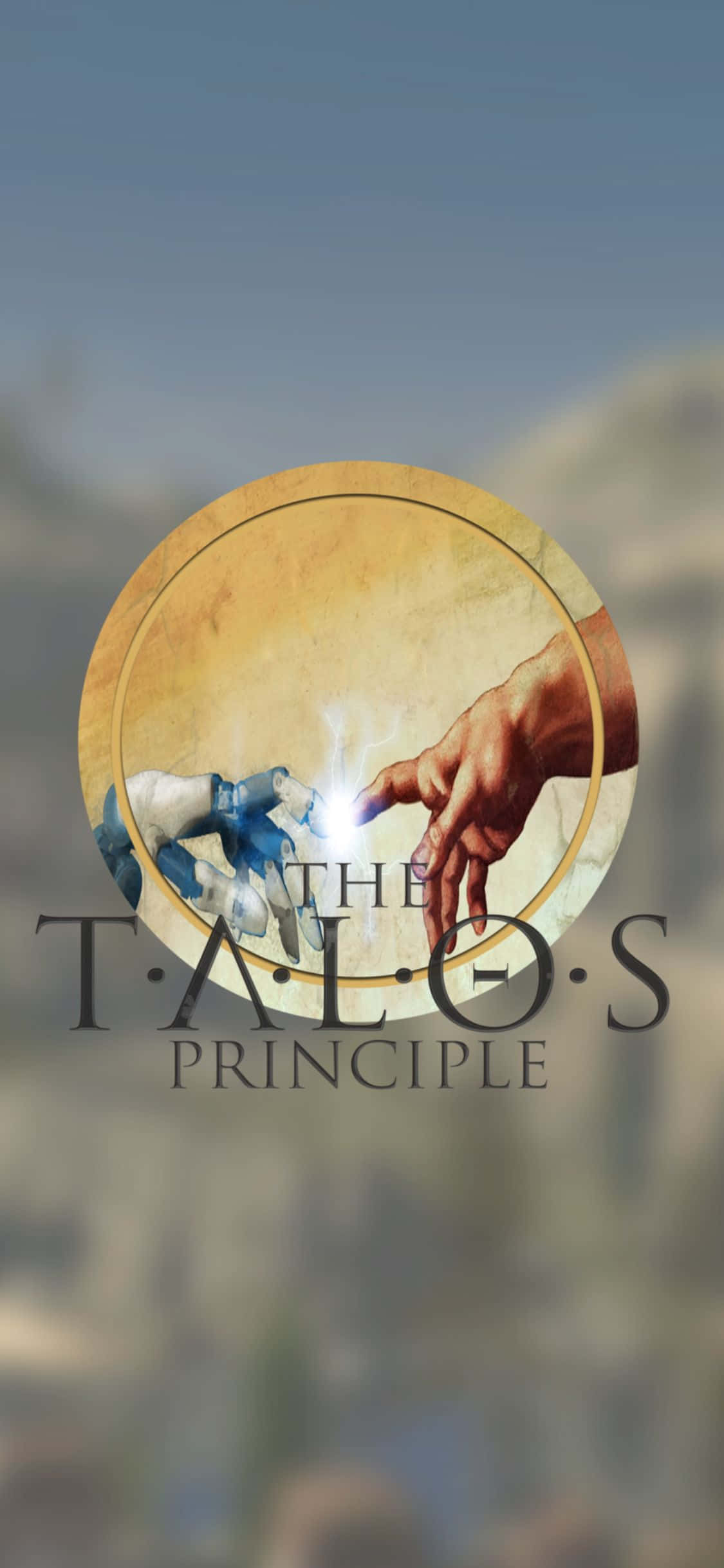 iPhone Xs The Talos Principle 桌布 壁紙 — 一個圓形標誌顯示一隻人類的手和一隻機械手在模糊的城市景觀背景下彼此靠近，之間有發光的光線。