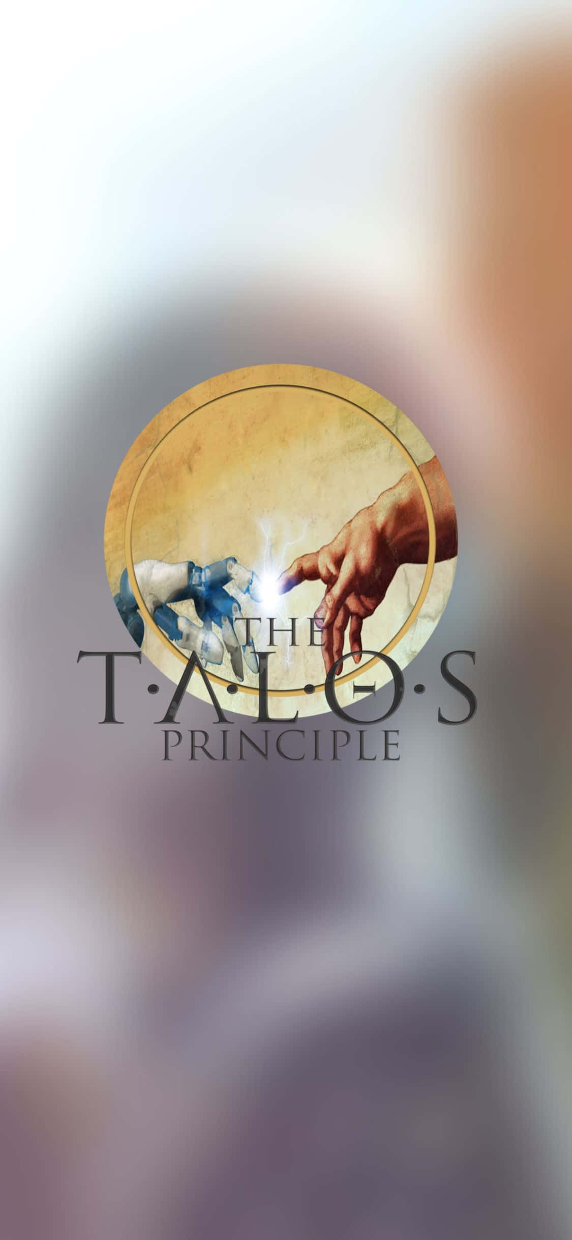 iPhone Xs The Talos Principle 桌布 壁紙 — 一個圓形標誌顯示一隻人類的手和一隻機械手互相伸向對方，之間有發光的光線。