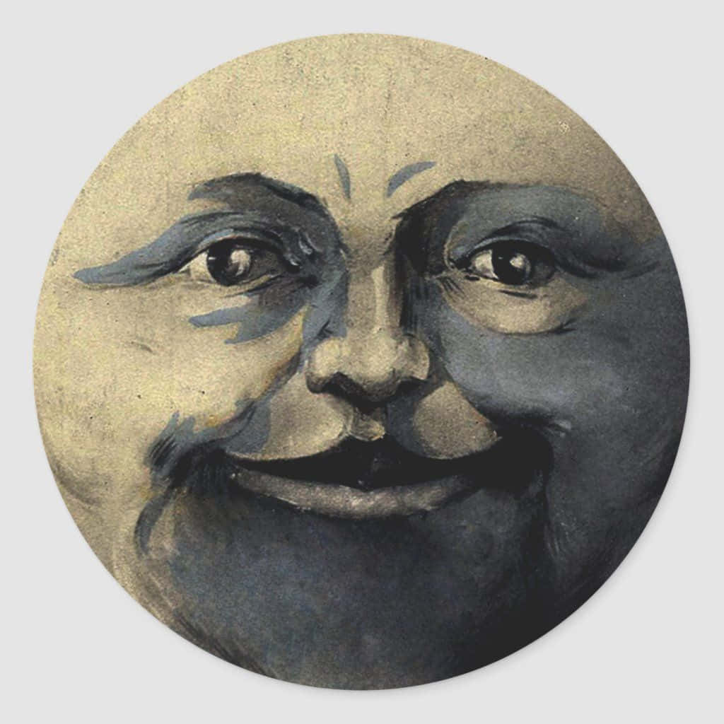 Moon Face 桌布 壁紙 — 一個圓形水彩畫像，描繪一張微笑的月亮臉，帶有表情豐富的眼睛和鬍鬚，背景為有紋理的米色。