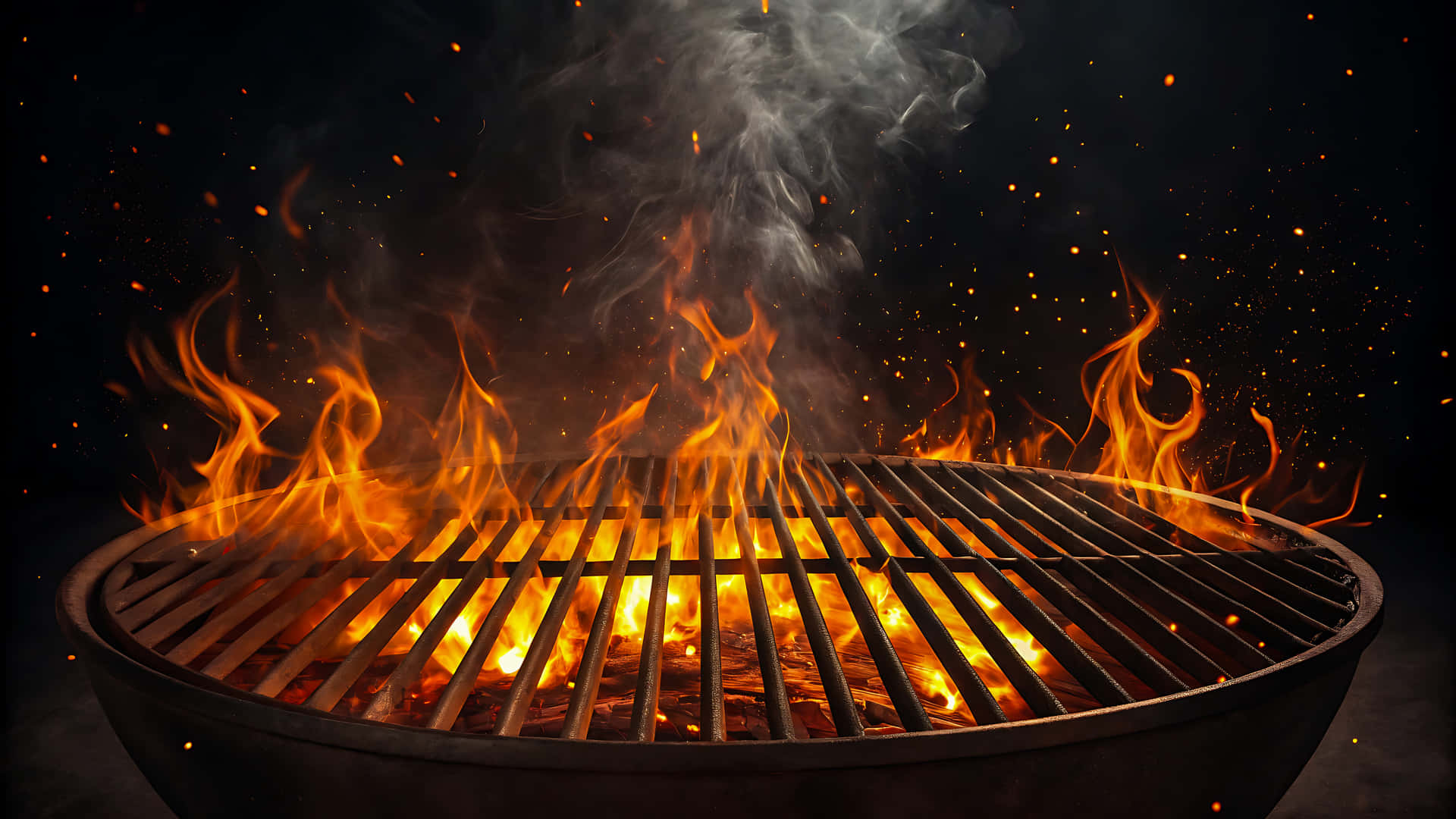 Burning flames rising from a hot barbecue grill with smoke and sparks 壁紙 — 一個圓形燒烤架在深色背景下燃燒著明亮的橙色火焰和升起的煙霧。