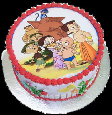 蛋糕 桌布 壁紙 — 一個圓形生日蛋糕，上面有來自 Chhota Bheem 的彩色卡通人物，並以紅色糖霜邊裝飾。