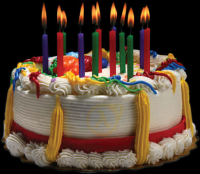 蛋糕 桌布 壁紙 — 一個圓形生日蛋糕，上面有白色糖霜和彩色蠟燭在黑色背景下點燃。