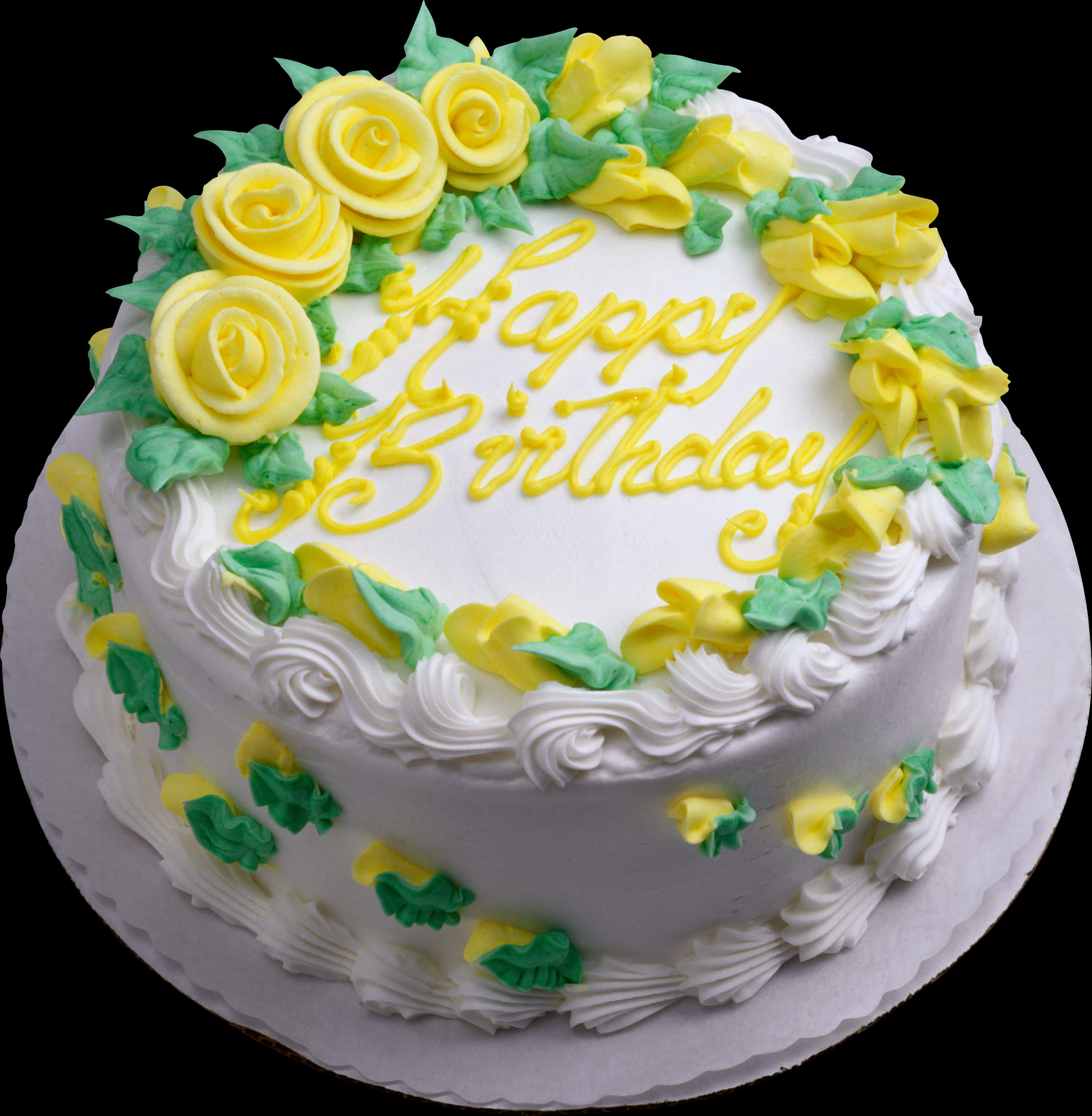 Birthday Cake 桌布 壁紙 — 一個圓形白色生日蛋糕，飾有黃色玫瑰和綠色葉子，並用黃色糖霜寫上「Happy Birthday」。