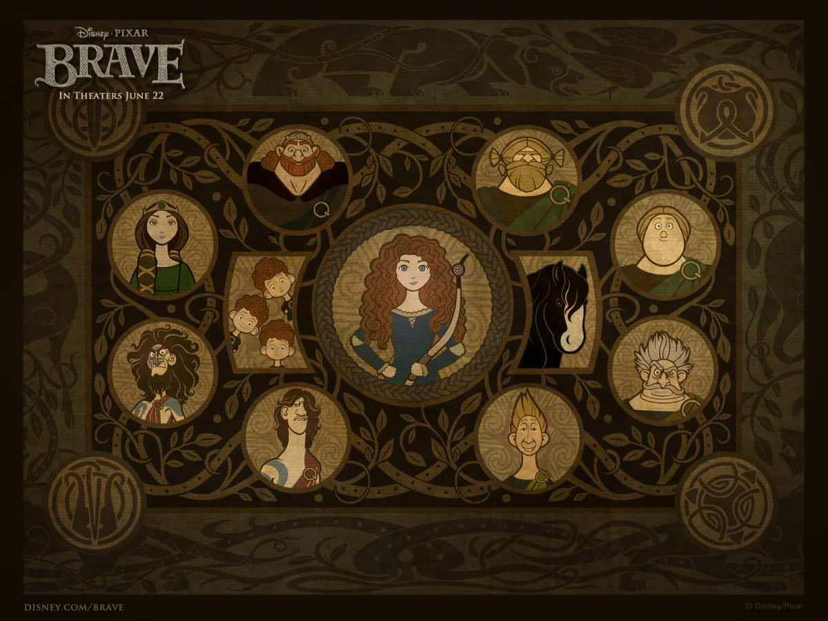 Brave 桌布 壁紙 — 一個圓形的《勇敢傳說》角色肖像拼貼，以凱爾特風格的藤蔓環繞，背景為深棕色。
