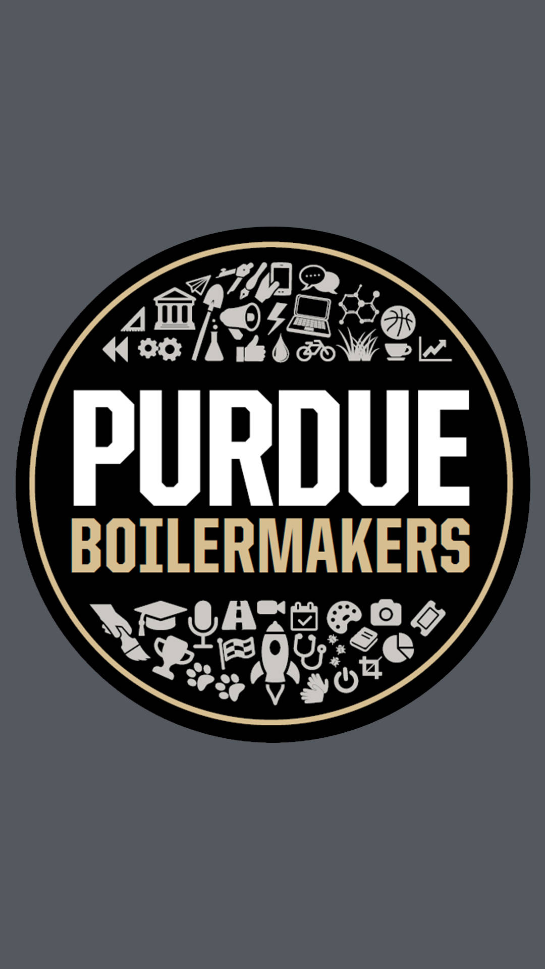 手機 桌布 壁紙 — 一個圓形的Purdue Boilermakers標誌，白色和金色文字被圖標環繞在深灰色背景上。