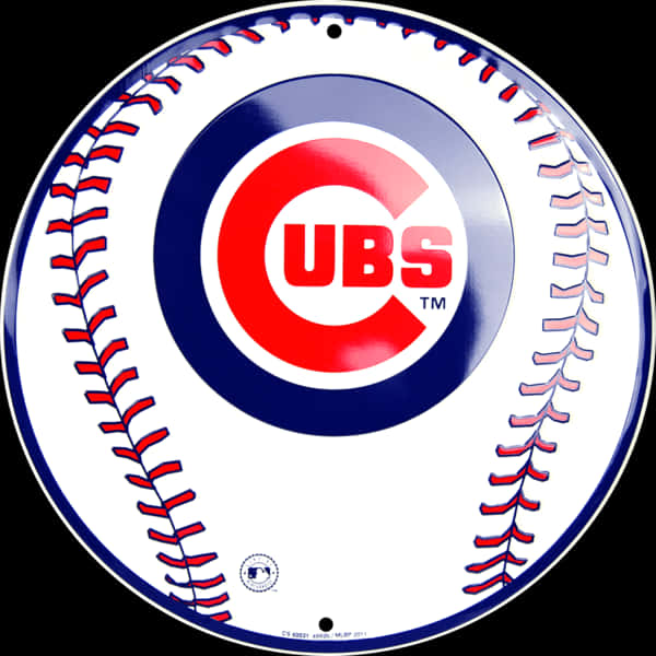 Chicago Cubs Logo 桌布 壁紙 — 一個圓形的棒球形狀標誌，上面有芝加哥小熊隊標誌，紅色縫線和藍色邊框，背景是黑色。