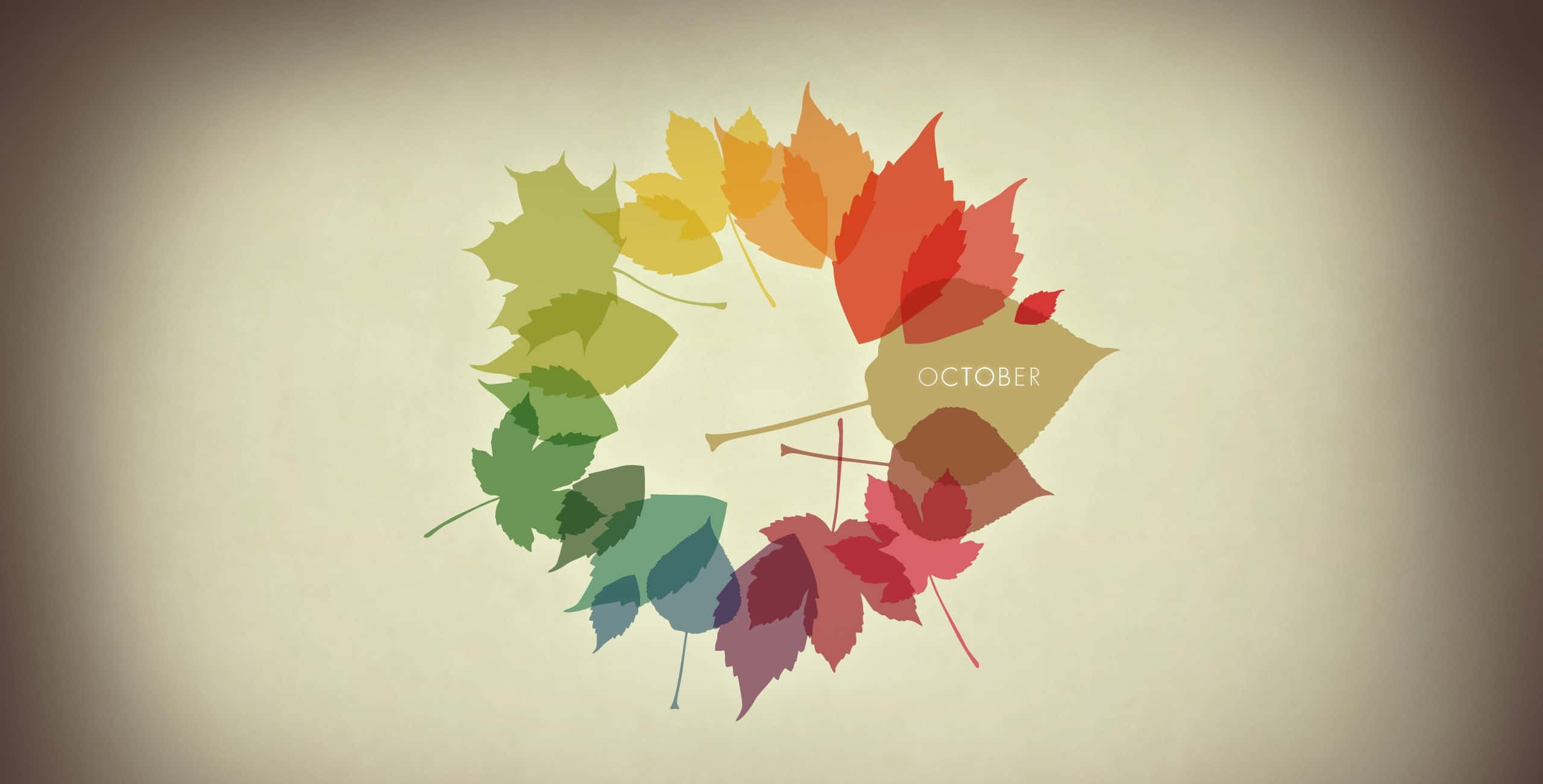 Simple Autumn 桌布 壁紙 — 一個圓形的秋季樹葉花環，從綠色過渡到紅色，中間有「十月」字樣。