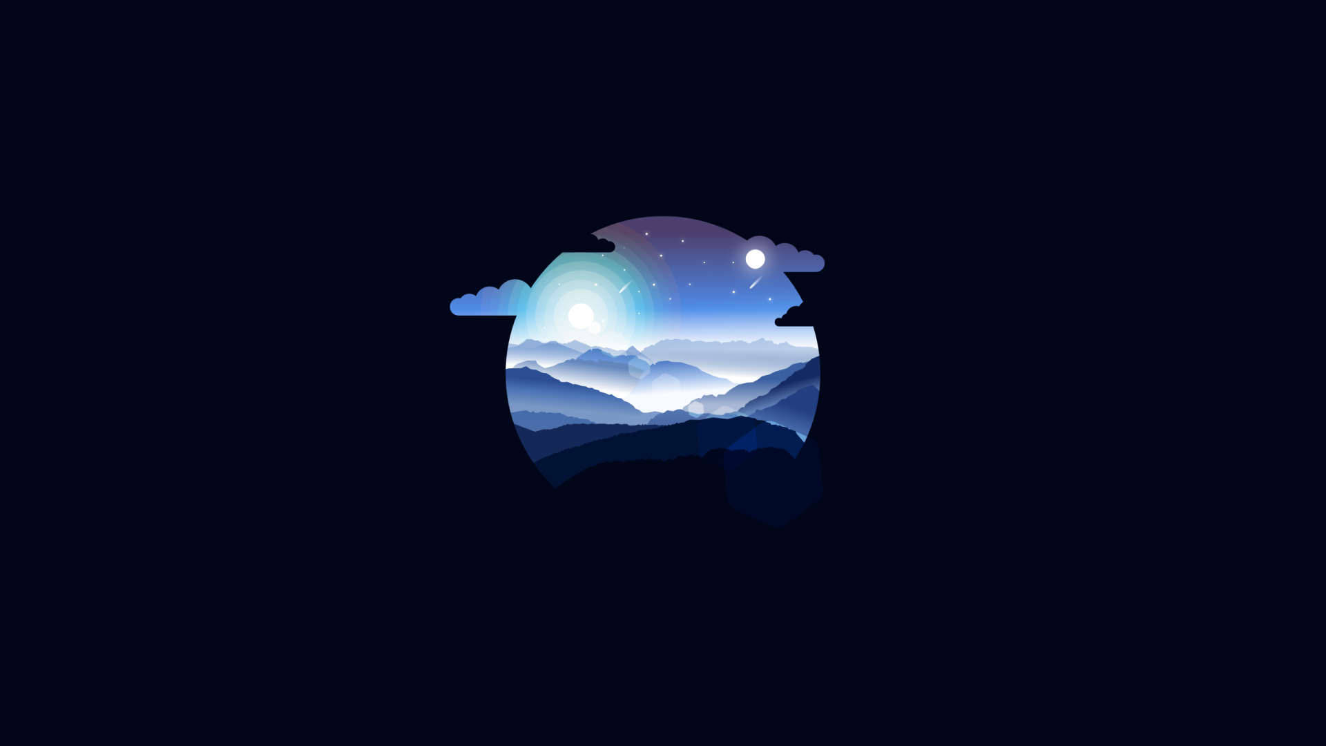 Clean 桌布 壁紙 — 一個圓形窗戶展現出在星空夜空下，帶有發光月亮和柔和雲朵的寧靜山脈。