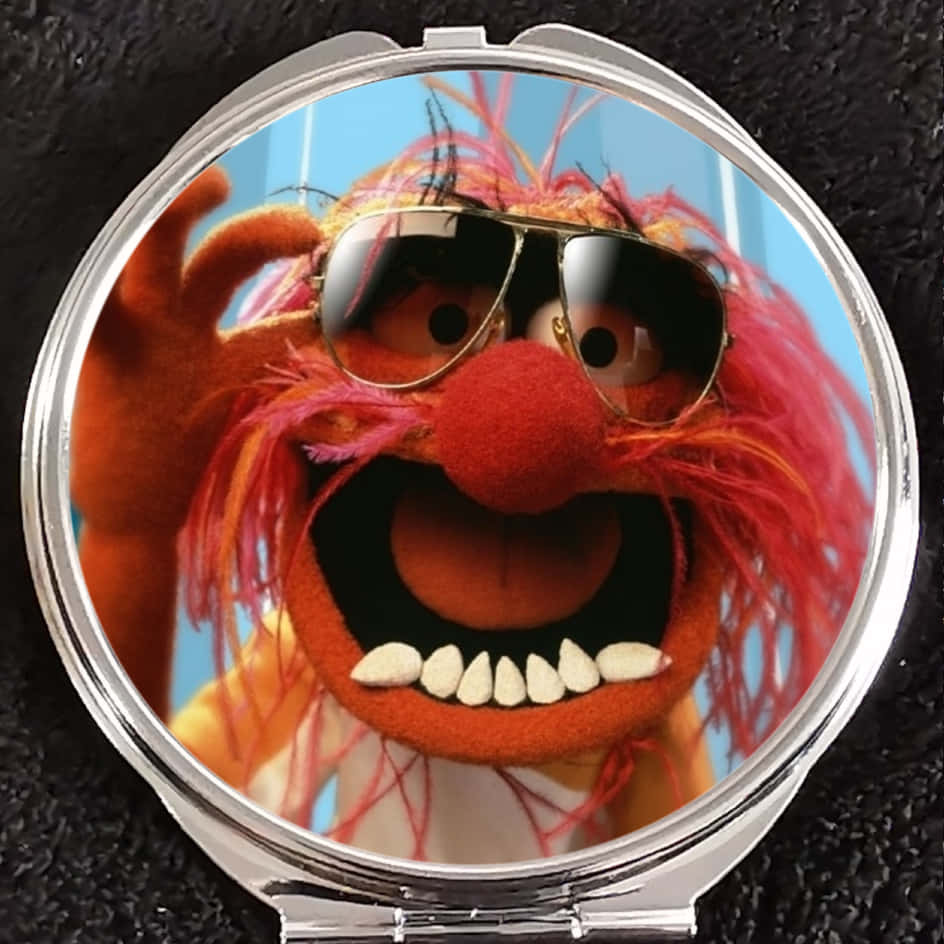 muppets 桌布 壁紙 — 一個圓形粉盒鏡反射出一隻快樂的橙色毛絨木偶，粉紅色頭髮和太陽眼鏡，在藍天下揮手。