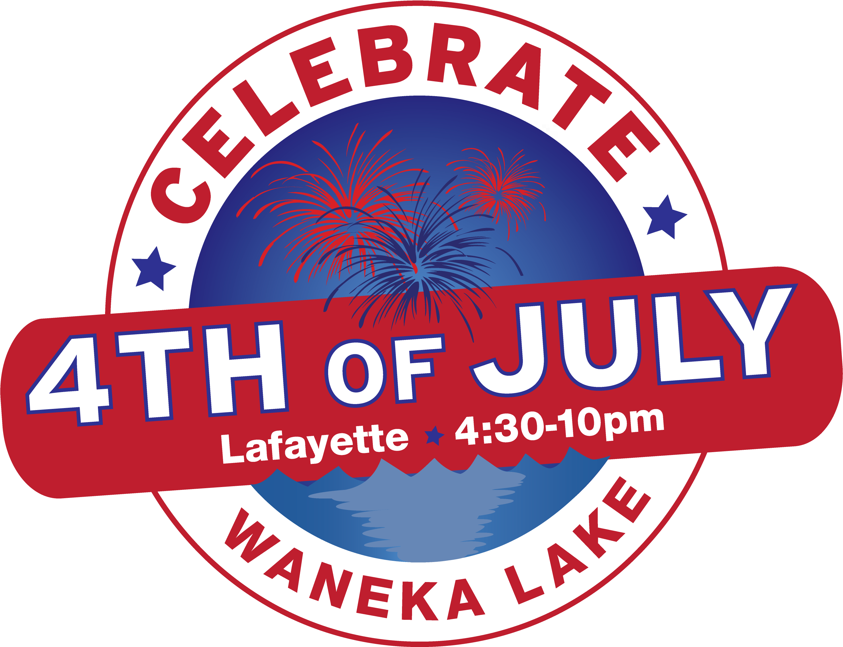 4th Of July 桌布 壁紙 — 一個圓形紅白藍標誌宣布在拉斐特Waneka湖上空舉行煙火秀的7月4日慶祝活動，時間為下午4:30至晚上10:00。