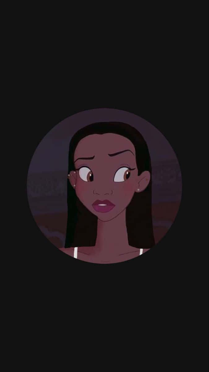 Cartoon Characters 桌布 壁紙 — 一個圓形肖像，描繪一位黑髮大眼的年輕女性，背景為深色。