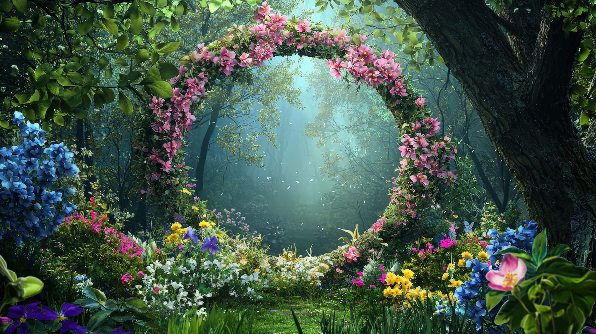 A beautiful circular arch covered in pink flowers stands in a vibrant, mystical forest 壁紙 — 一個圓形花卉拱門，位於迷霧籠罩的魔法森林中，周圍環繞著鮮豔的粉紅色、藍色和黃色花朵。